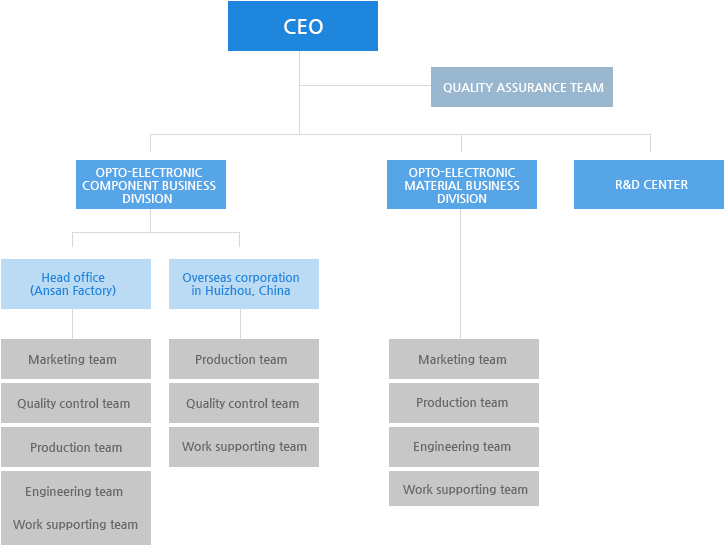 CEO -Quality assurance team,opto-electronic component business division,opto-electronic material business division,R&D Center,Head office (Ansan Factory),Overseas corporation in Huizhou, China,Marketing team,Quality control team,Production team,Engineering team,Work supporting team